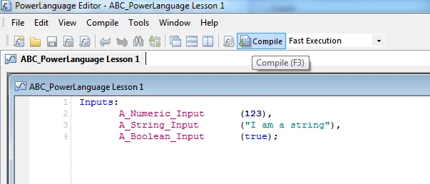 The Compile button in the PowerLanguage Editor toolbar.
