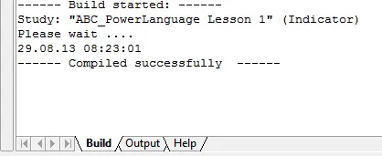The Build tab showing a successful compilation message.