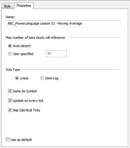 The indicator properties dialog in MultiCharts.
