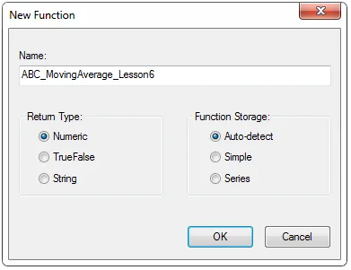 The New Function dialog: naming the function and setting the return type and storage.
