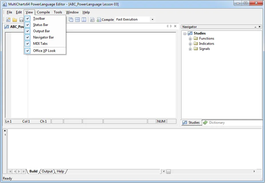 The PowerLanguage Editor with its three main parts, including the Output Bar.