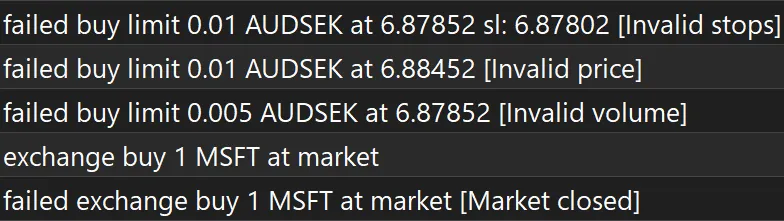Five lines from the MetaTrader 5 Journal. Four read 'failed buy limit' or 'failed exchange buy' with the reasons Invalid stops, Invalid price, Invalid volume, and Market closed. The fifth records the market order being sent.