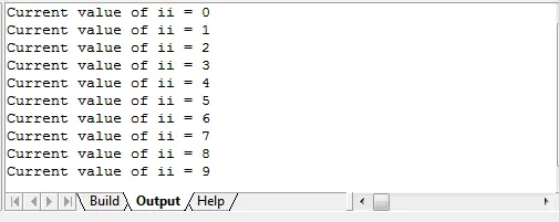 The Output tab showing ten printed values of the counter.