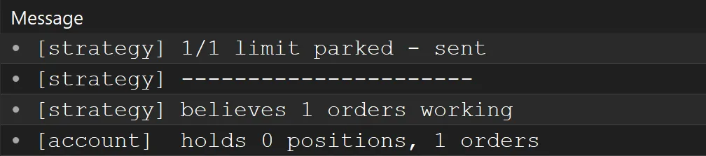 Four lines from the MetaTrader 5 Experts log: '1/1 limit parked - sent', a separator, 'believes 1 orders working', and 'holds 0 positions, 1 orders'.