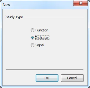 Choosing the Indicator study type in the new-study dialog.